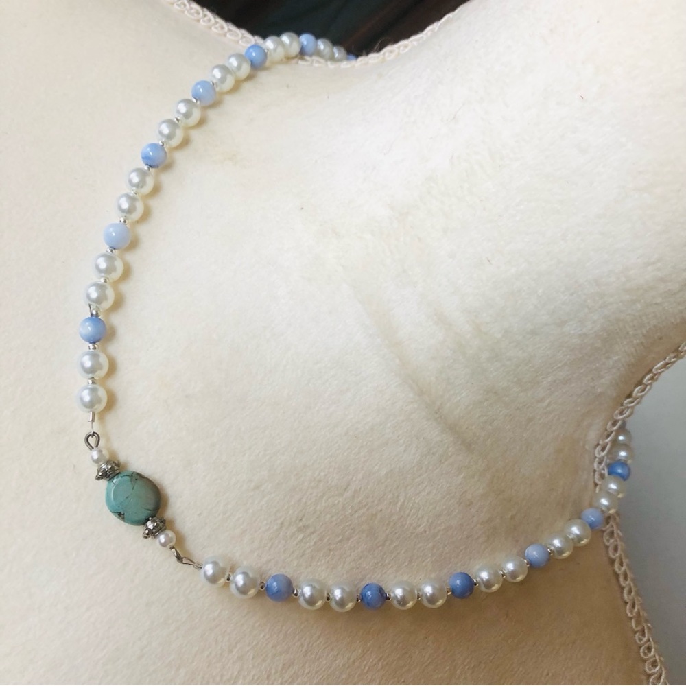 Handcrafted repurpose African turquoise stone pendant Czech glass Pearl necklace